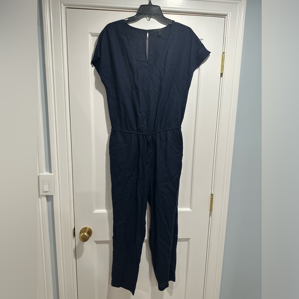 J.Crew Linen Blend V-Neck Relaxed Jumpsuit Playsuit Preppy Navy Blue size XS